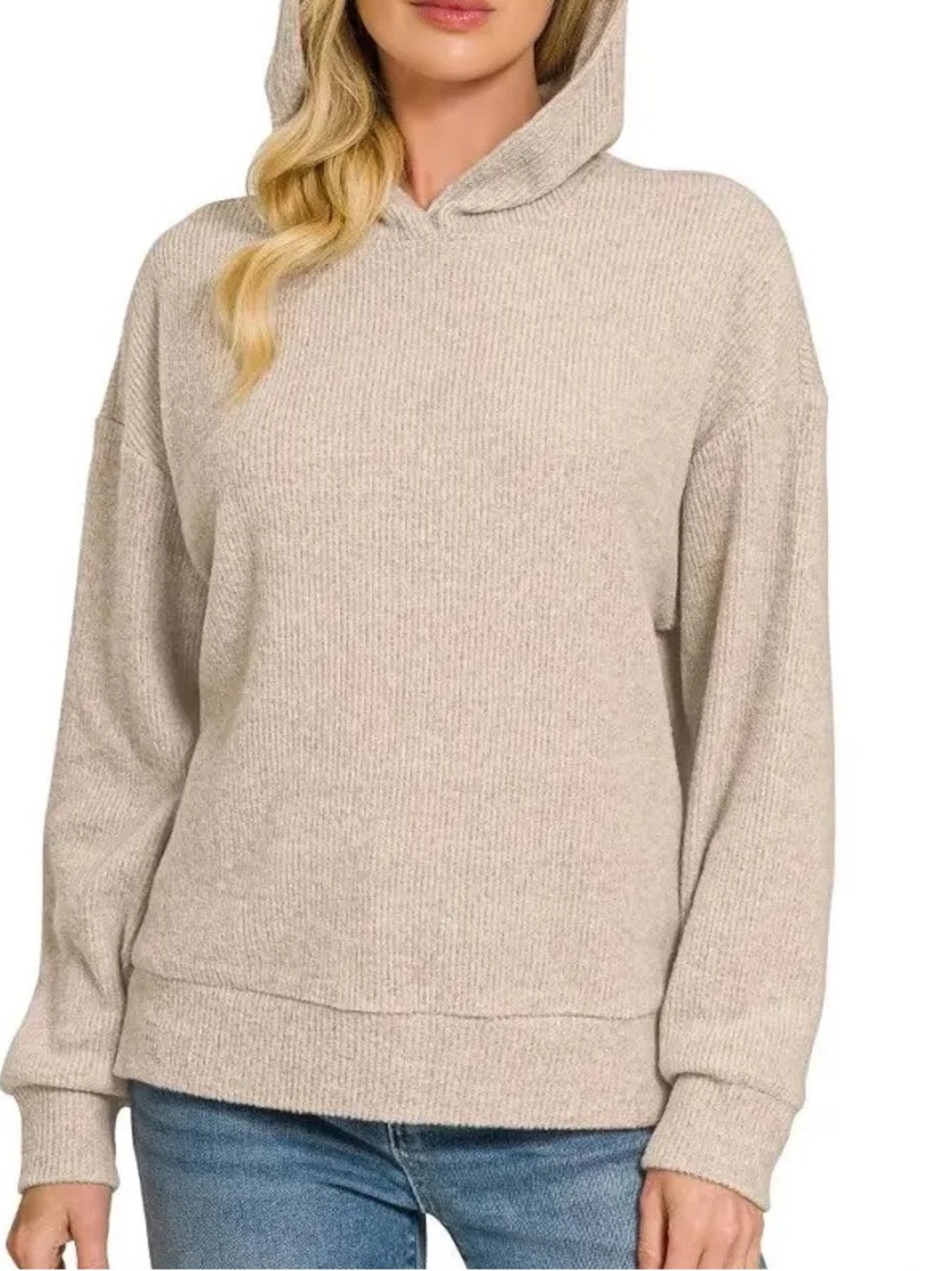 ZENANA Brushed Ribbed Hacci Hoodie Pullover MOCHA S